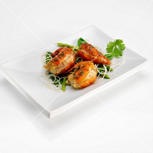 Butterfly King Prawns Marinated In Green License Images