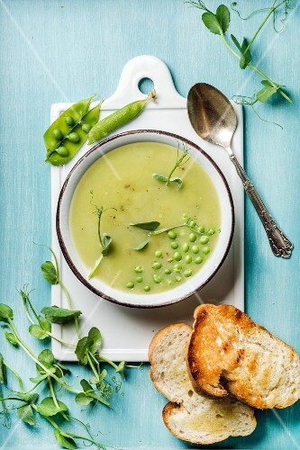 Light summer green pea cream soup in bowl with sprouts, bread toasts and spices
