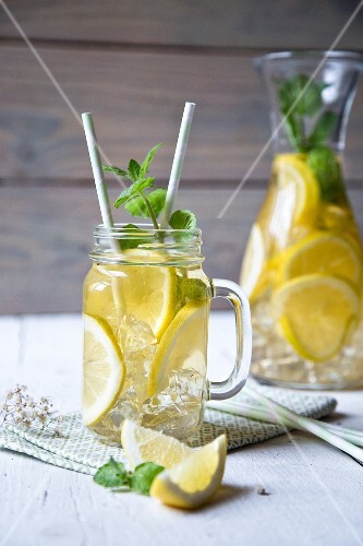 Lemonade with ice cubes and mint