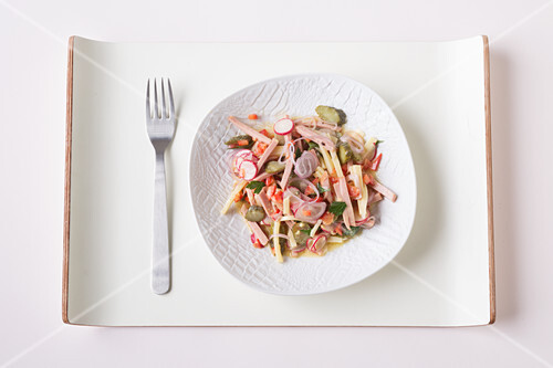 Meat salad with cheese and gherkins (keto cuisine)