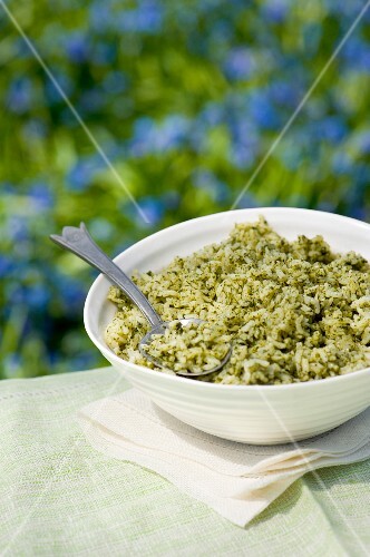 Reis mit grünem Pesto in Schüssel – Bilder kaufen – 12404049 StockFood