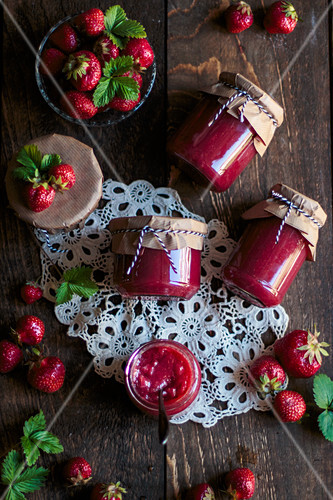 Strawberry Jam In Glass Jars On A Lace License Images