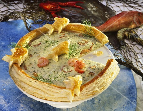 Fish Tart With Shrimps Decorated With License Images